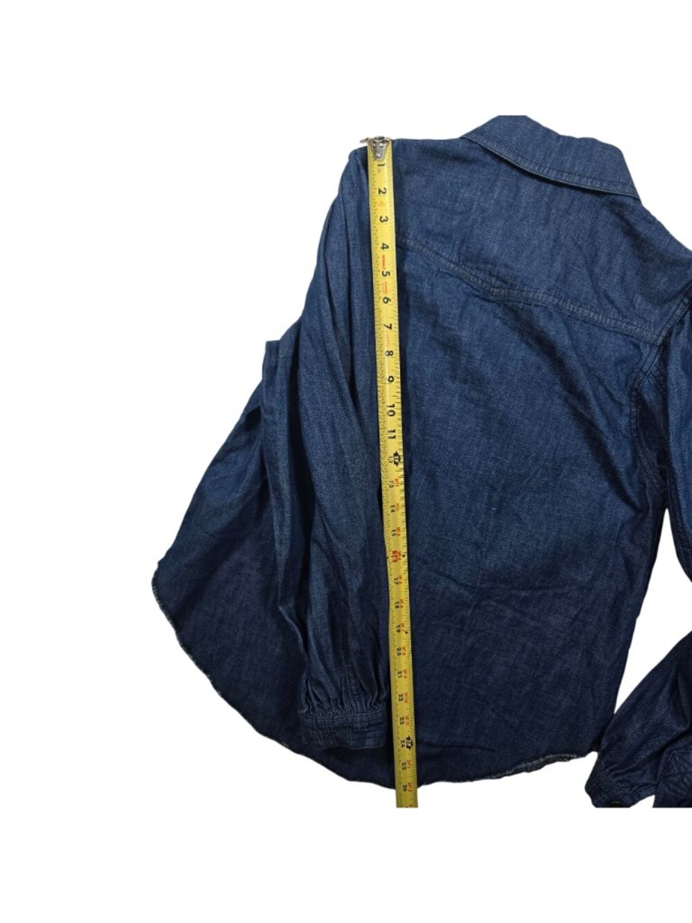 We The Free Women's XS Denim Snap Front Shirt Puff Sleeve Raw Hem Blue Western - Picture 14 of 14